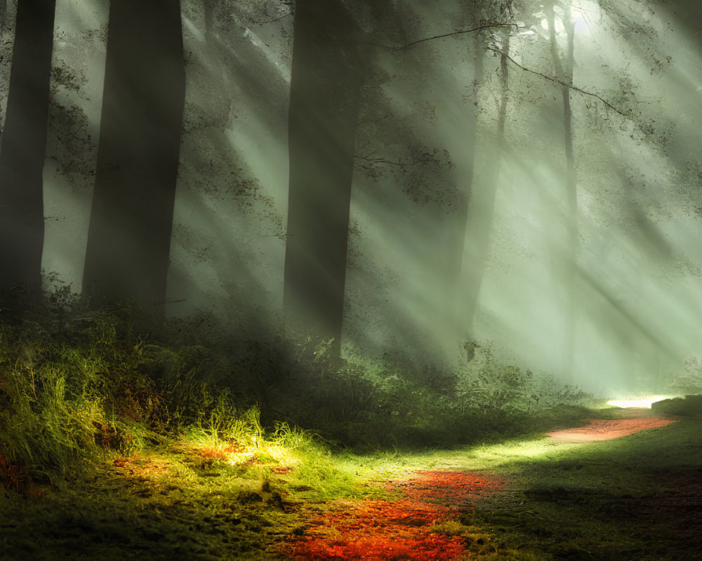 Tranquil Forest Pathway with Sunlight and Green Foliage