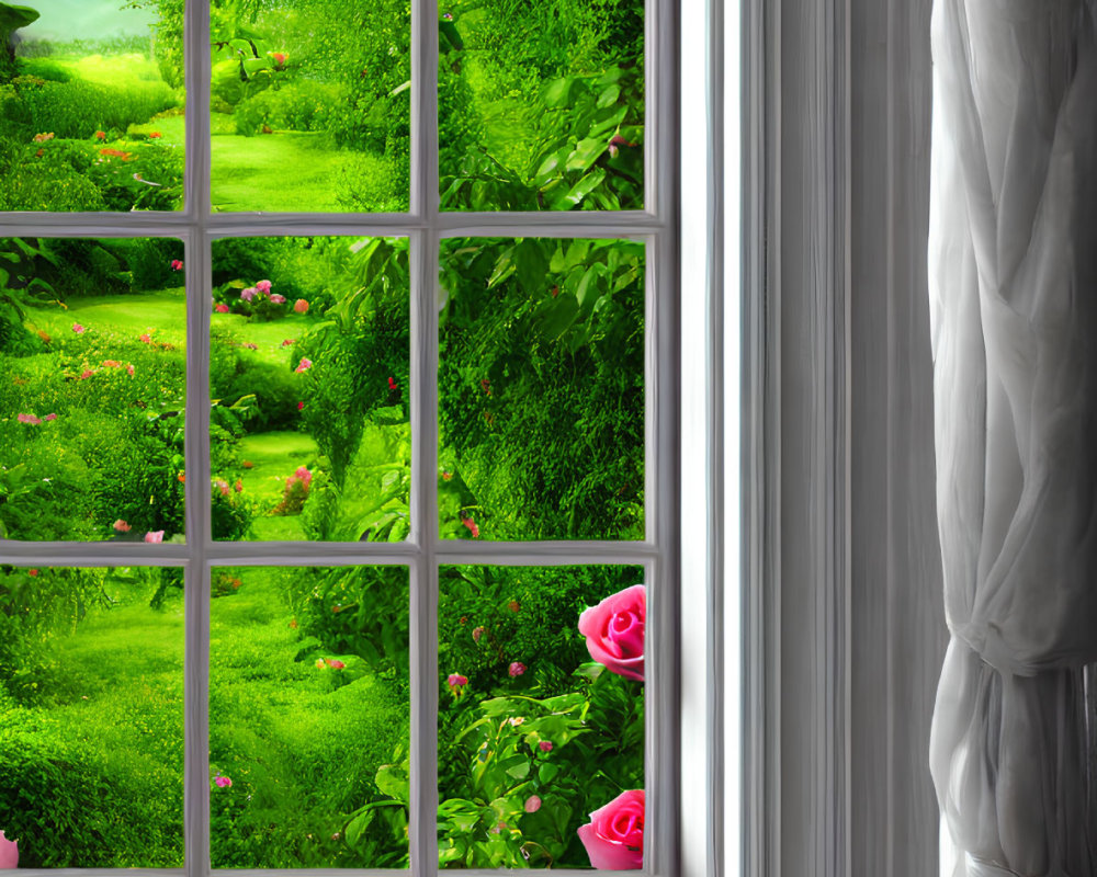 Lush green garden with blooming flowers seen through open window