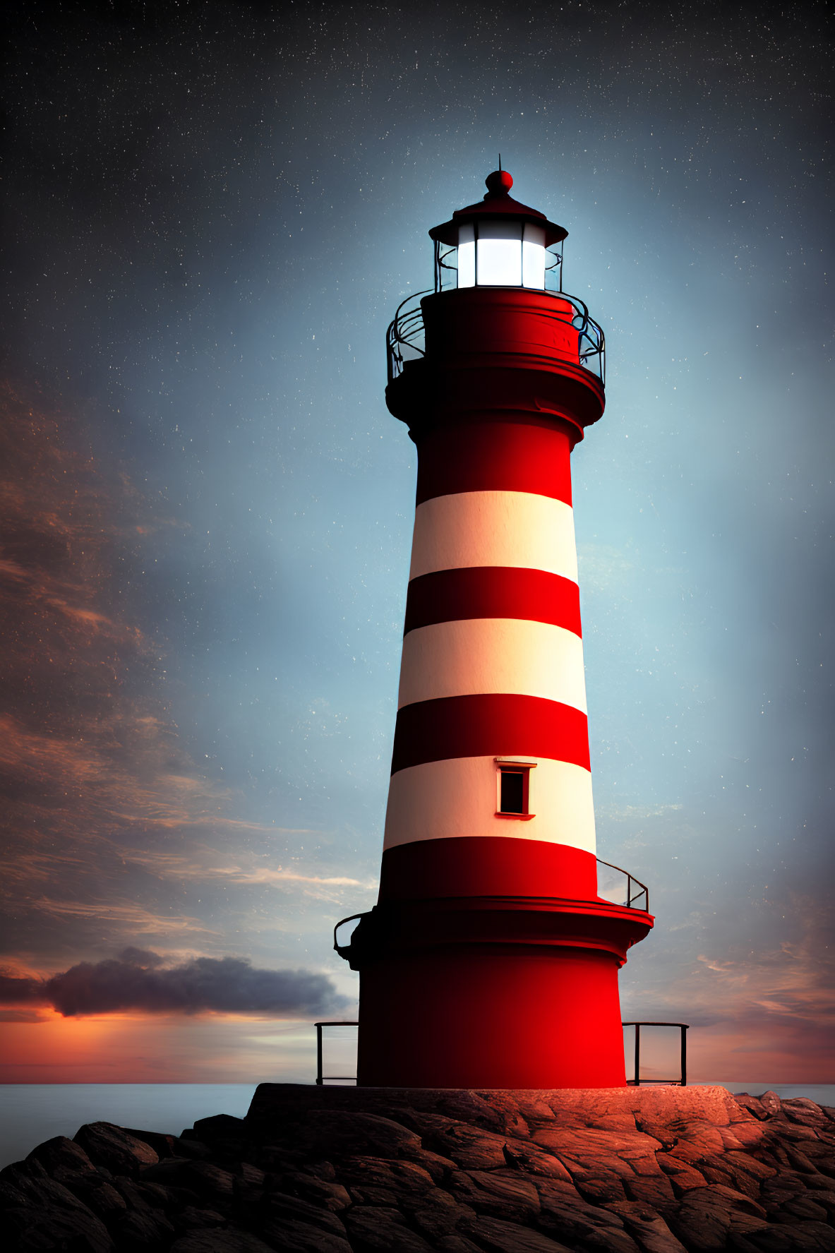 Red and White Striped Lighthouse on Rocky Terrain at Twilight