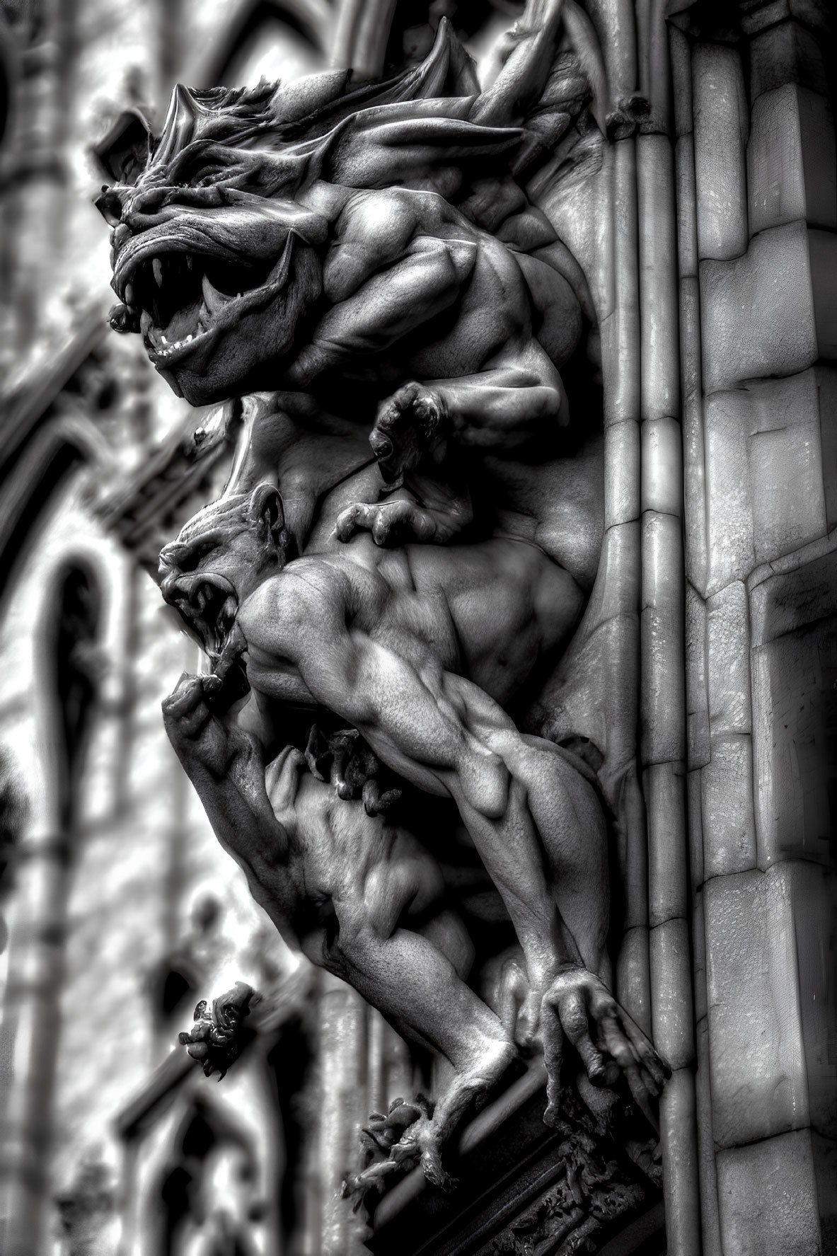 Monochrome Gothic gargoyle sculpture on cathedral depicting menacing creature