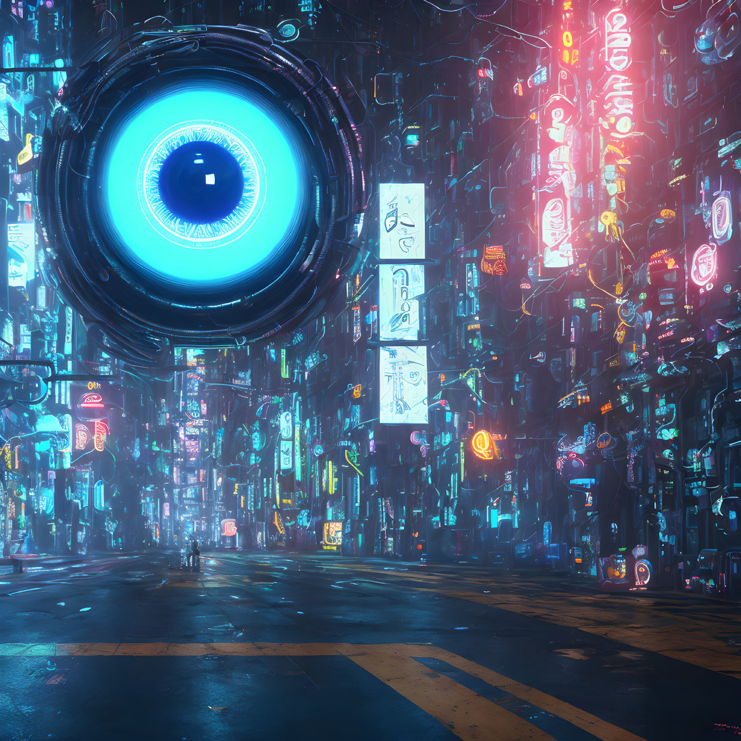 Futuristic neon alley with towering illuminated signs and giant blue eye structure