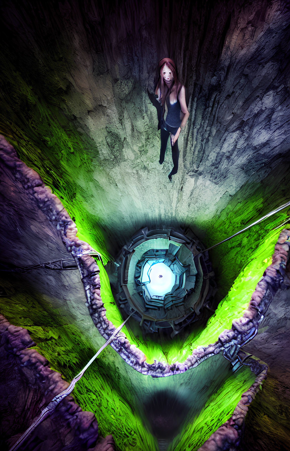 Person suspended above futuristic hatch in illuminated shaft with cables and green hues