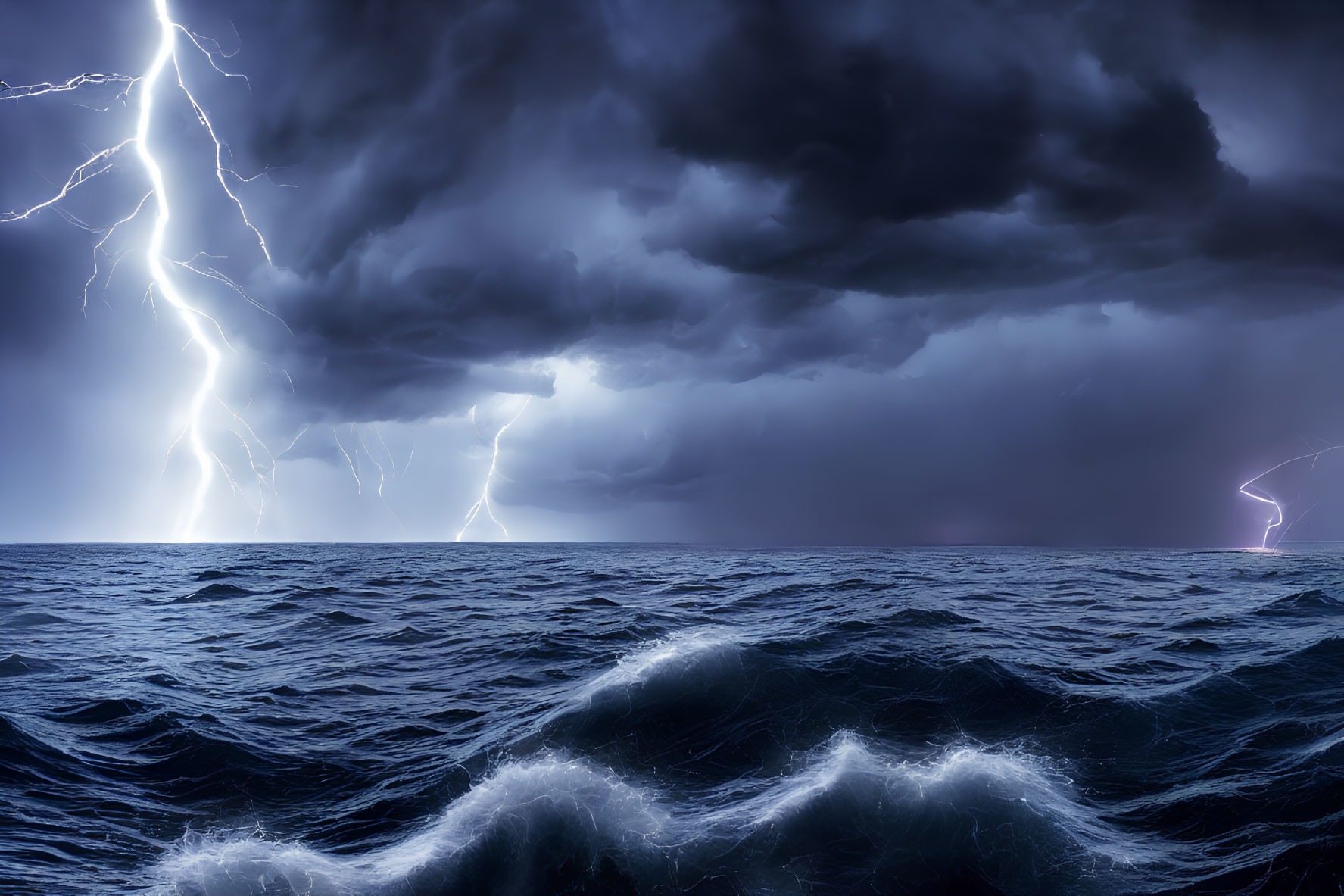 Dark storm clouds and lightning strikes over turbulent ocean waves