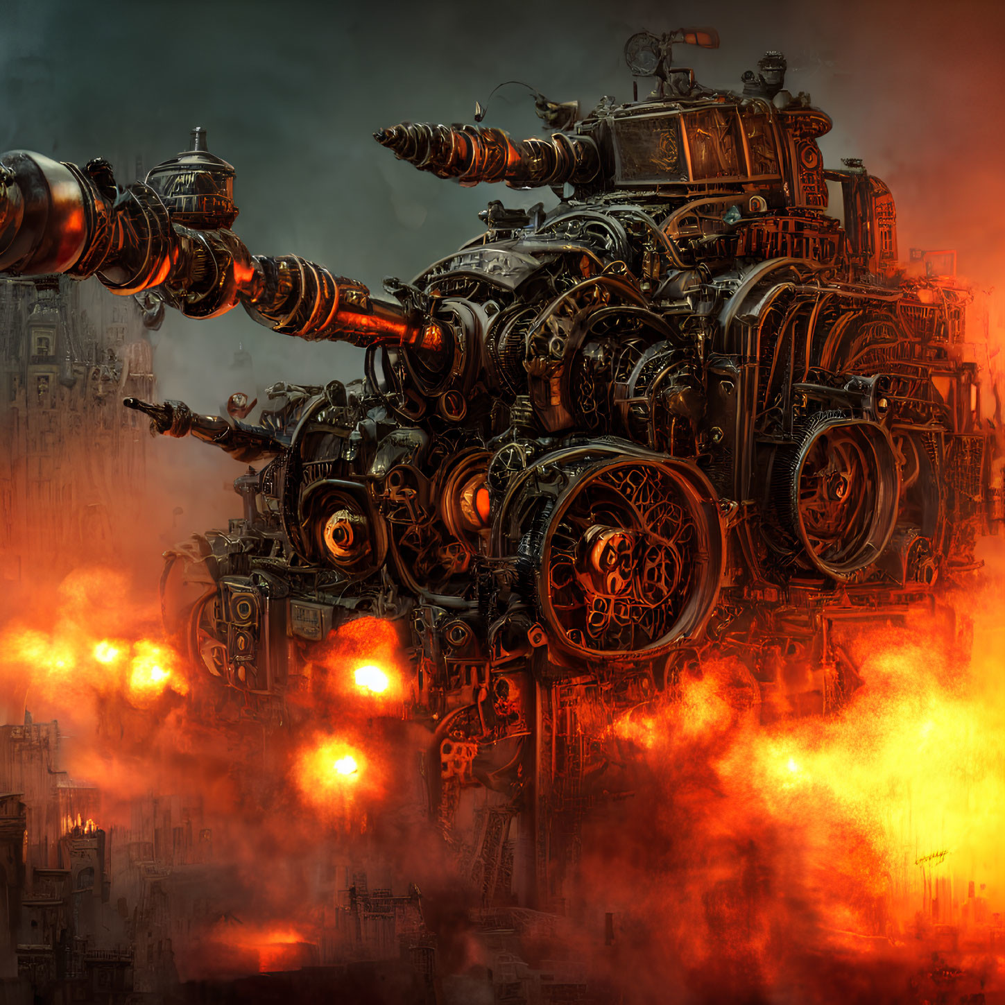 Intricate steampunk war machine fires cannons in dystopian city