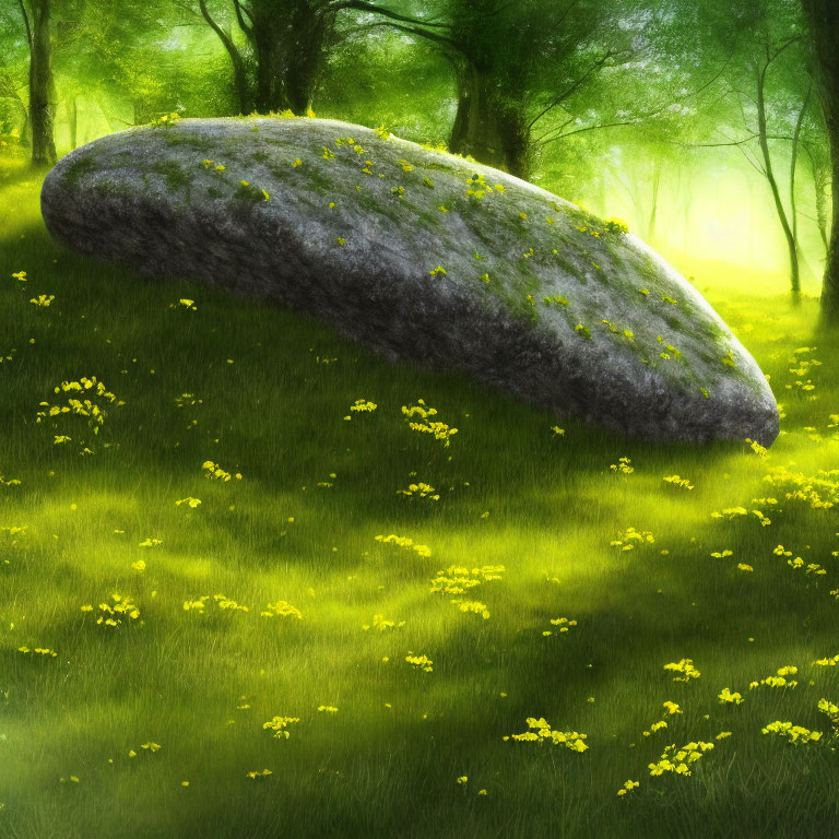 Large stone in lush forest glade with yellow flowers and hazy sunlight