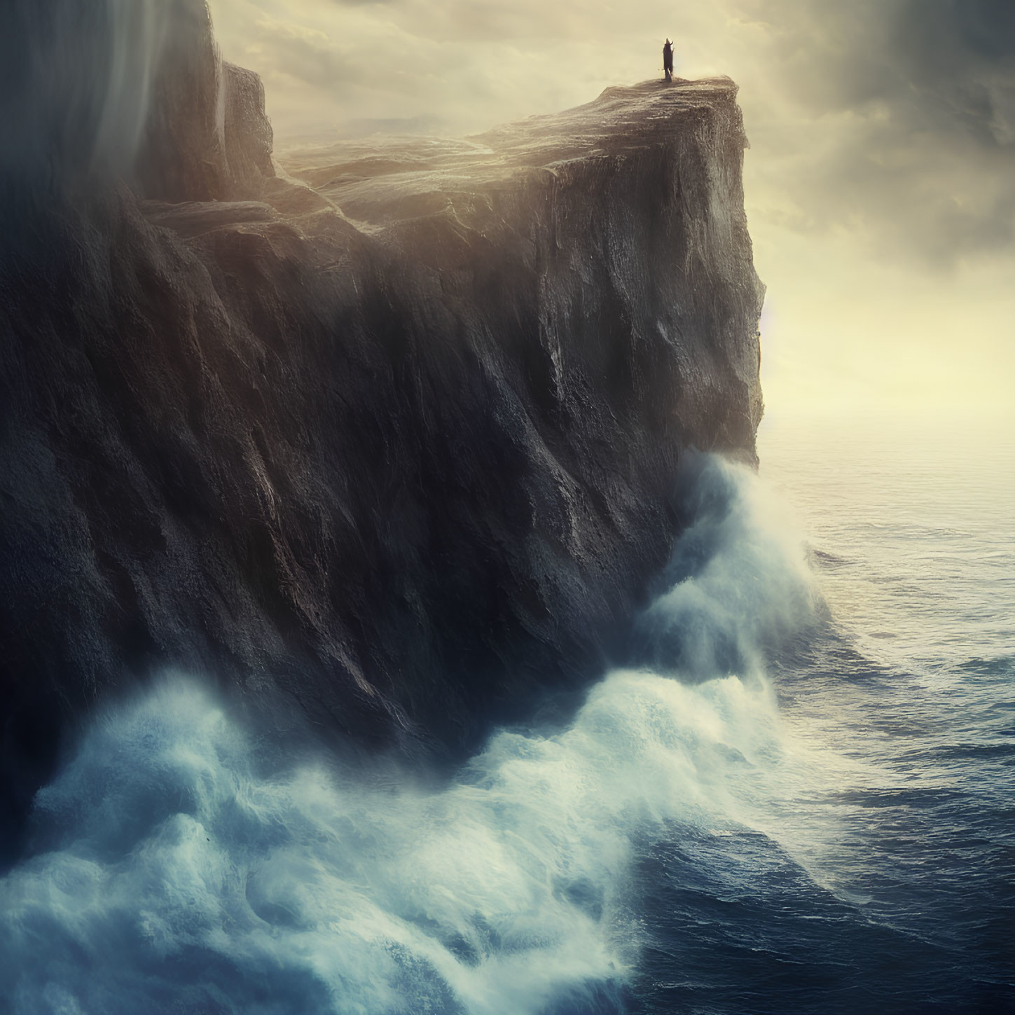 Person overlooking tumultuous ocean waves from towering cliff