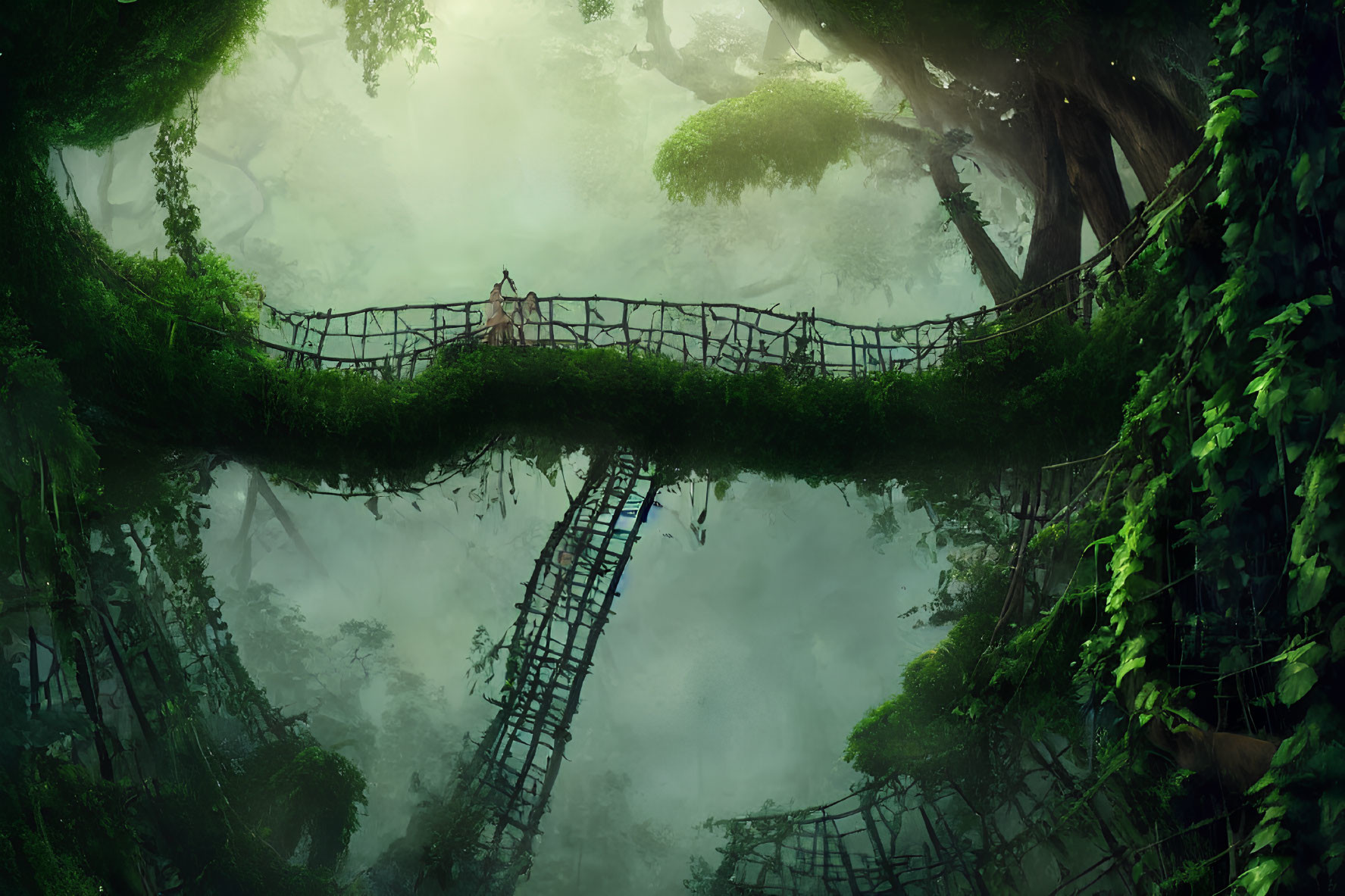 Person crossing old rope bridge in mystical forest with green foliage