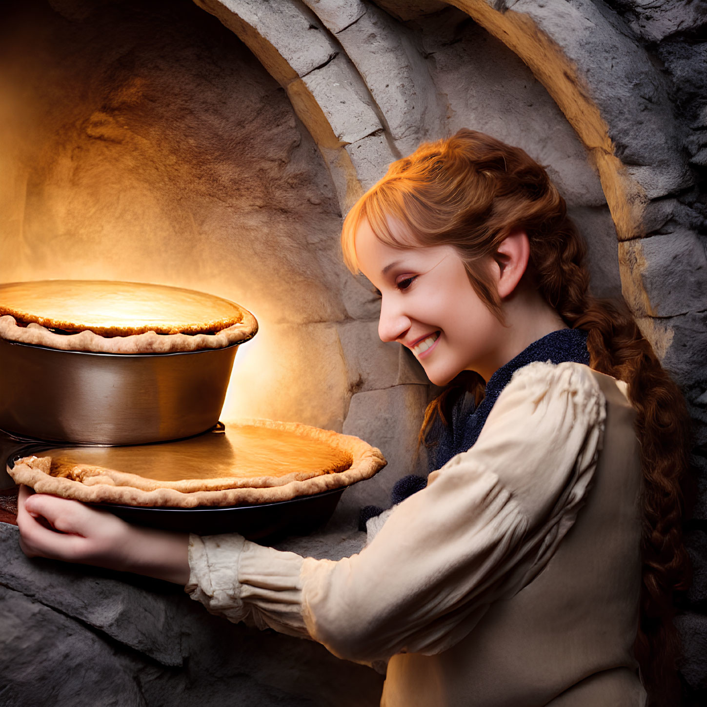 Smiling woman with braided hair baking pie in stone oven