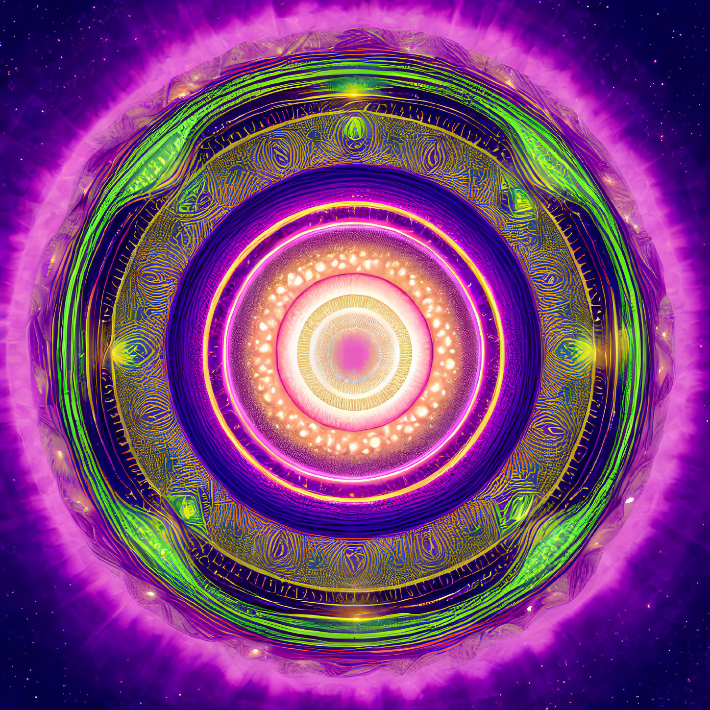 Colorful neon digital mandala on starry night sky background