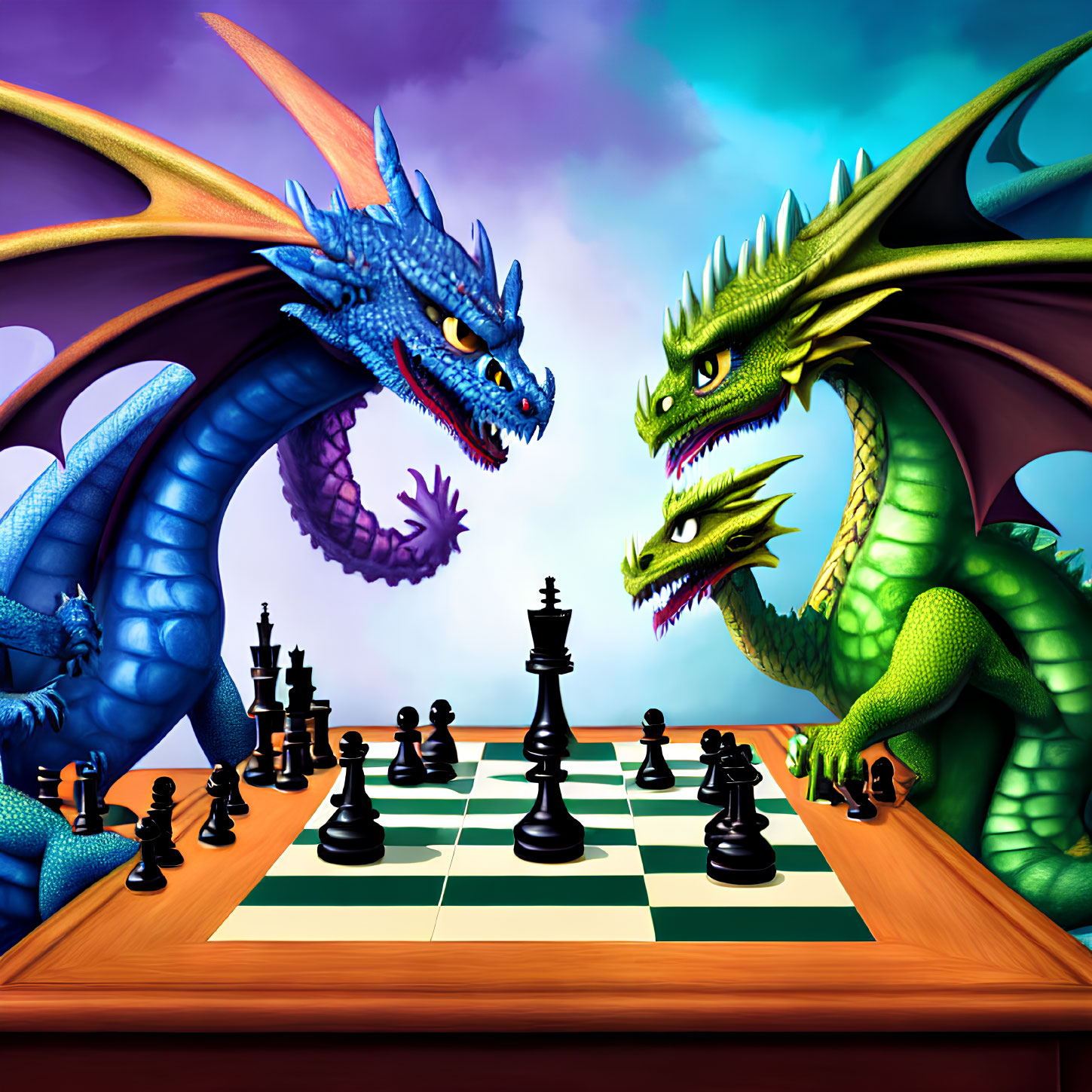 Blue and green animated dragons play chess in a tense rivalry.