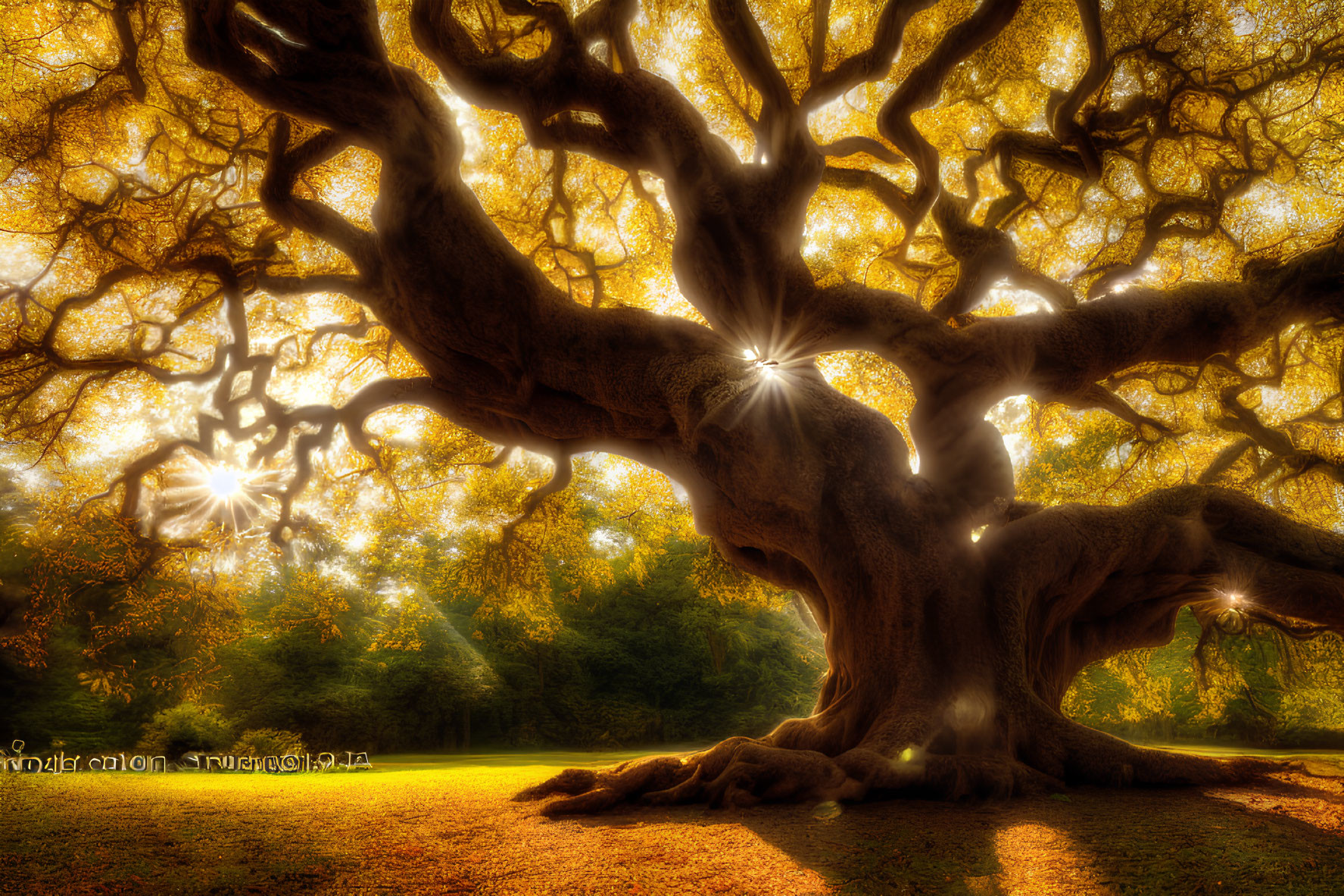 Ancient tree in dense forest illuminated by sunlight