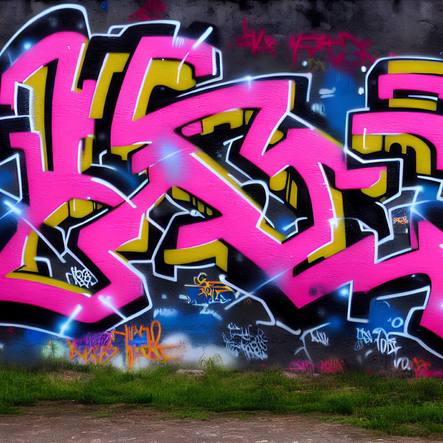 Colorful graffiti art with pink and yellow elements on a blue-gray background