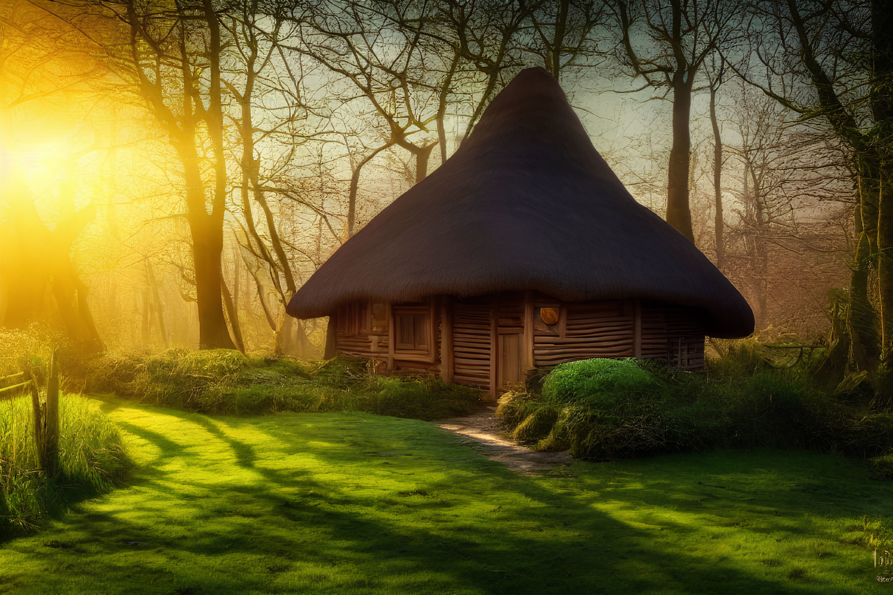 Serene forest scene with thatched roof cottage and sunlight piercing through trees