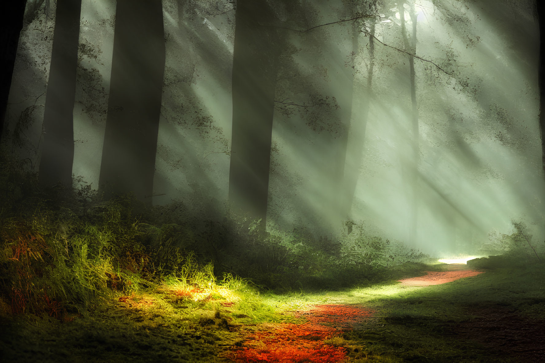 Tranquil Forest Pathway with Sunlight and Green Foliage