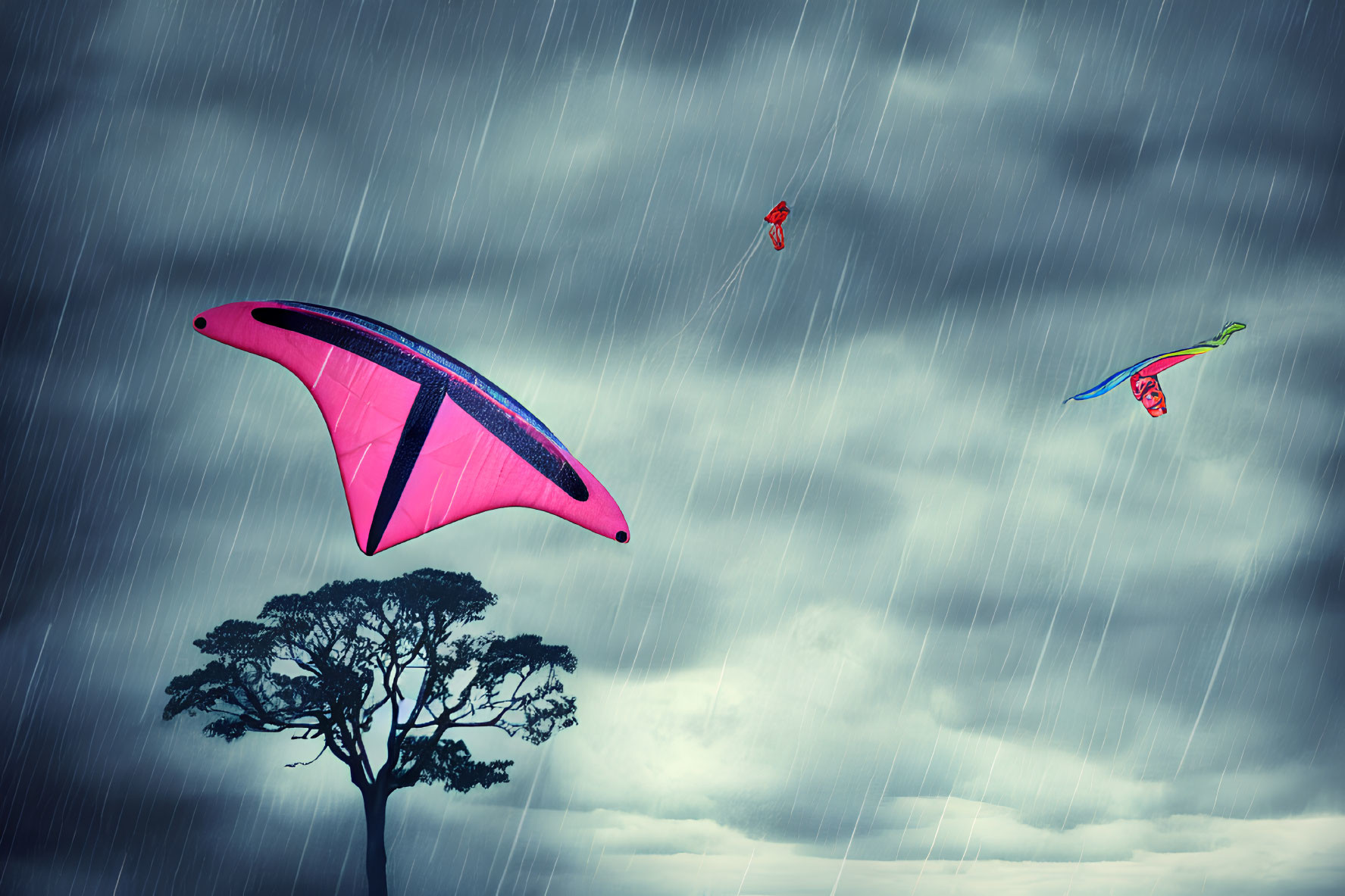 Pink kite flying under stormy sky with rain, two smaller kites, lone tree silhouette