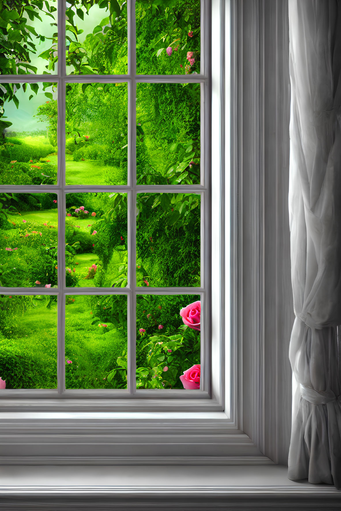 Lush green garden with blooming flowers seen through open window