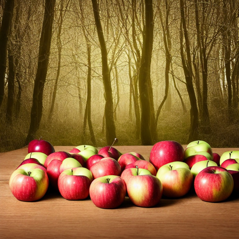 Red and Green Apples on Wooden Surface with Sunlit Forest Background