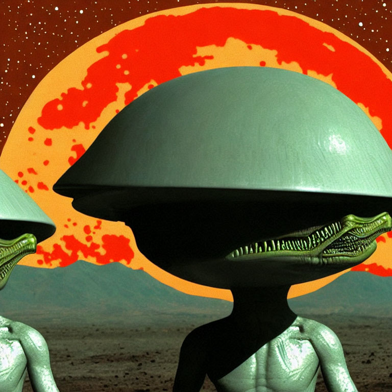 Alien figures in red and orange sci-fi landscape