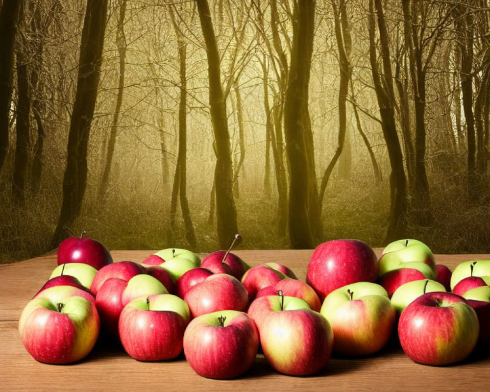 Red and Green Apples on Wooden Surface with Sunlit Forest Background