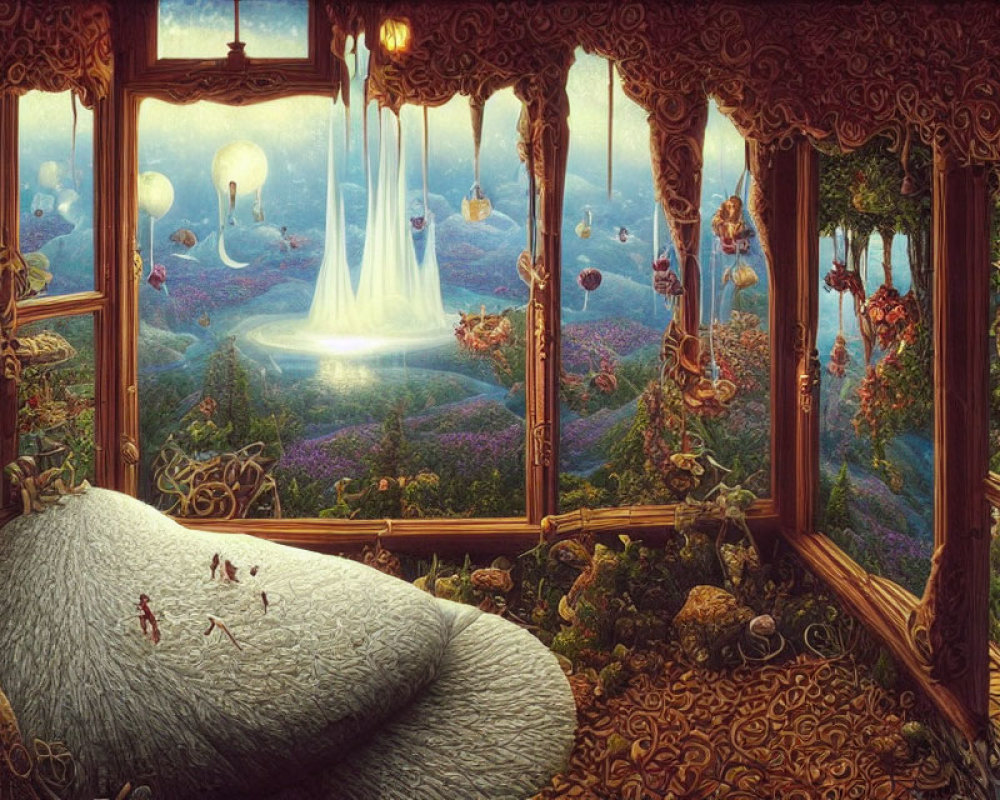 Luxurious room with fantasy landscape view including waterfall and balloons