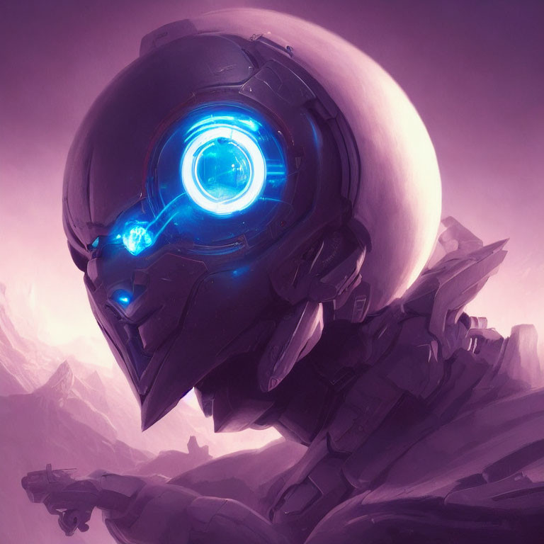 Futuristic robotic head with glowing blue eye on purple alien landscape