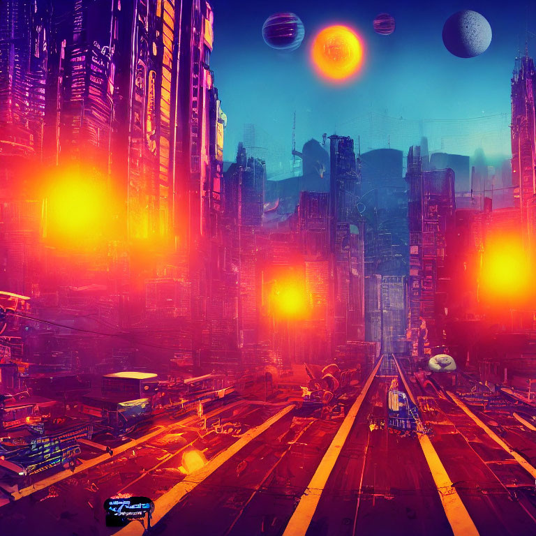 Futuristic cityscape with towering skyscrapers and flying vehicles under three suns or moons