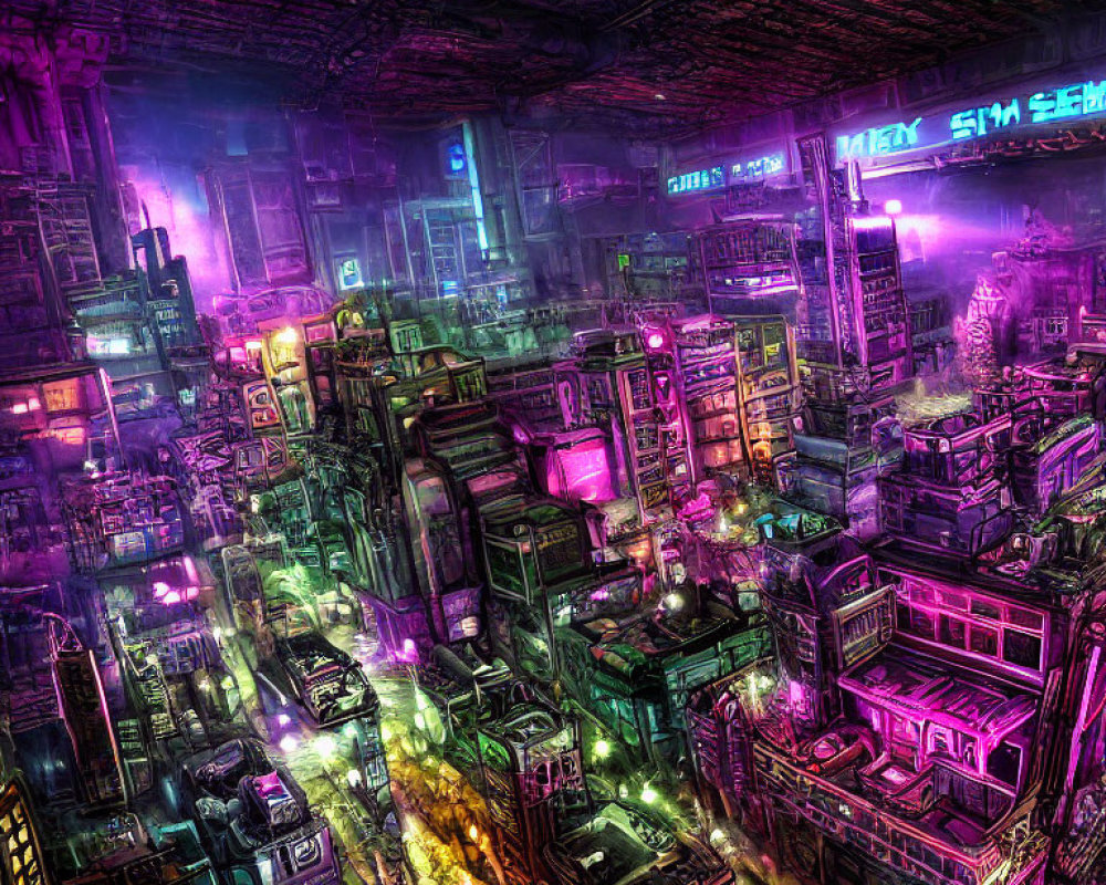 Neon-lit cyberpunk cityscape with towering buildings