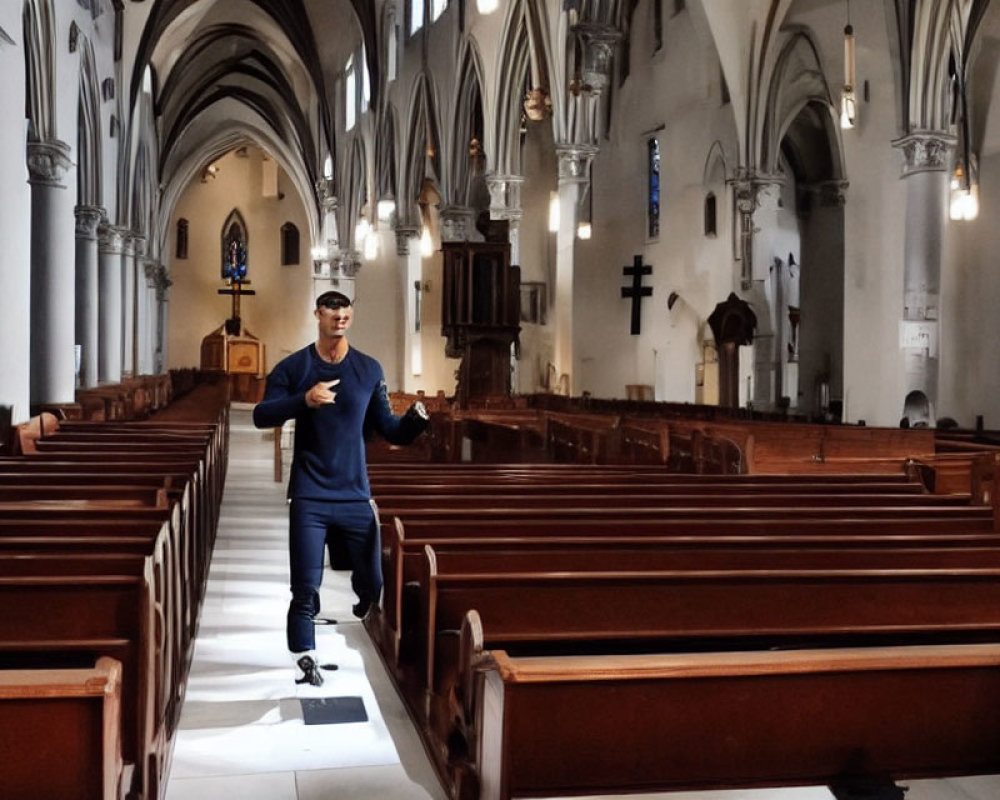 Person in casual attire wearing VR headset in bright church interior