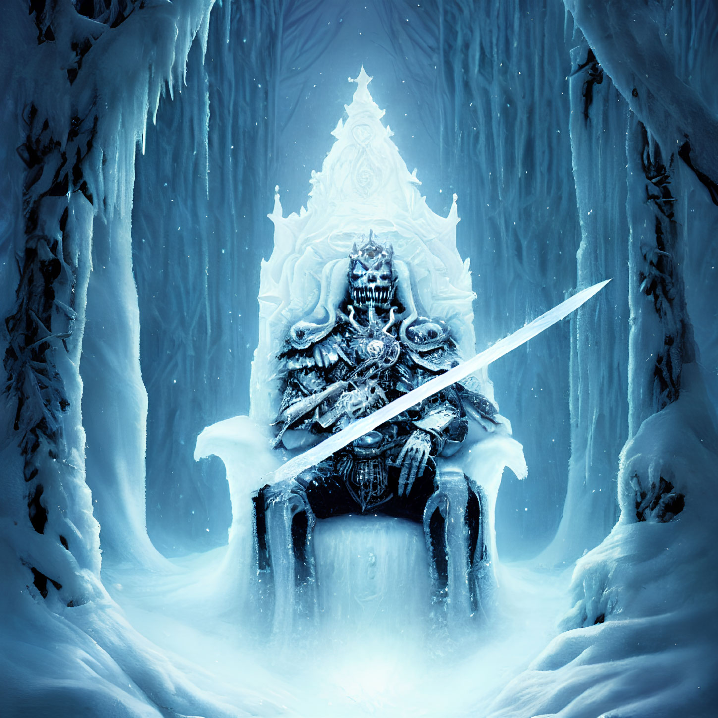 Armored knight on icy throne with long sword in snowflake forest