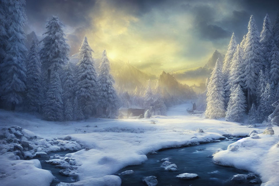 Snow-covered pine trees and creek in serene winter landscape at dusk