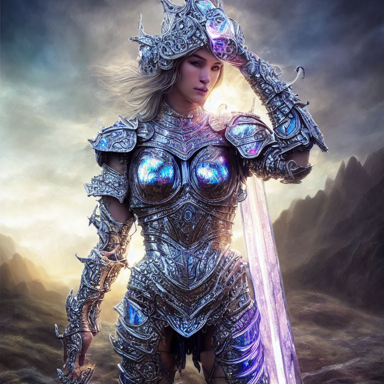 Female Warrior in Silver Armor with Glowing Sword and Fantasy Landscape