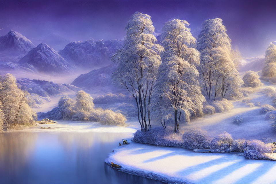 Snowy Trees, Lake, and Mountains in Purple Winter Scene