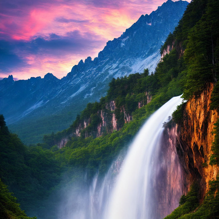 Scenic waterfall against sunset sky and mountain peaks