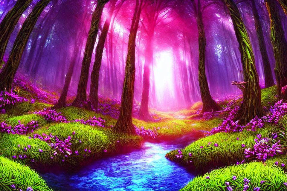 Enchanting forest with glowing pink and purple canopy & serene blue stream