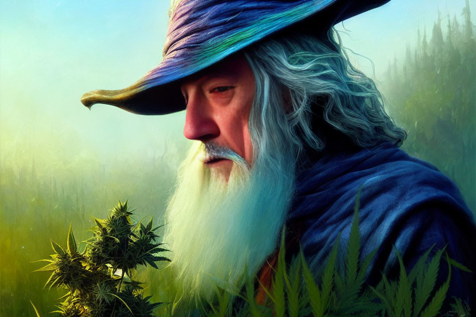 Elderly wizard in blue robe with plant in forest background