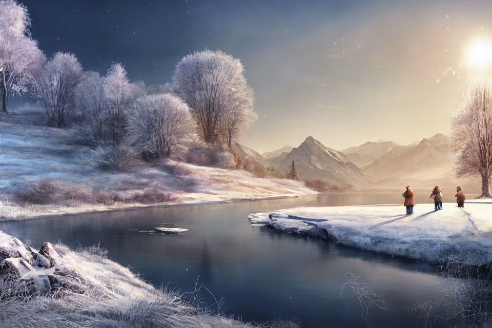 Winter River Scene: People Walking Amid Frost-Covered Trees