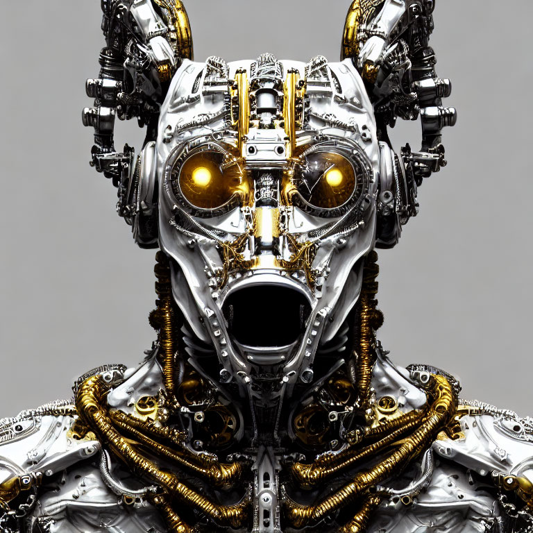 Detailed Robotic Head and Torso with Golden Eyes and Mechanical Parts