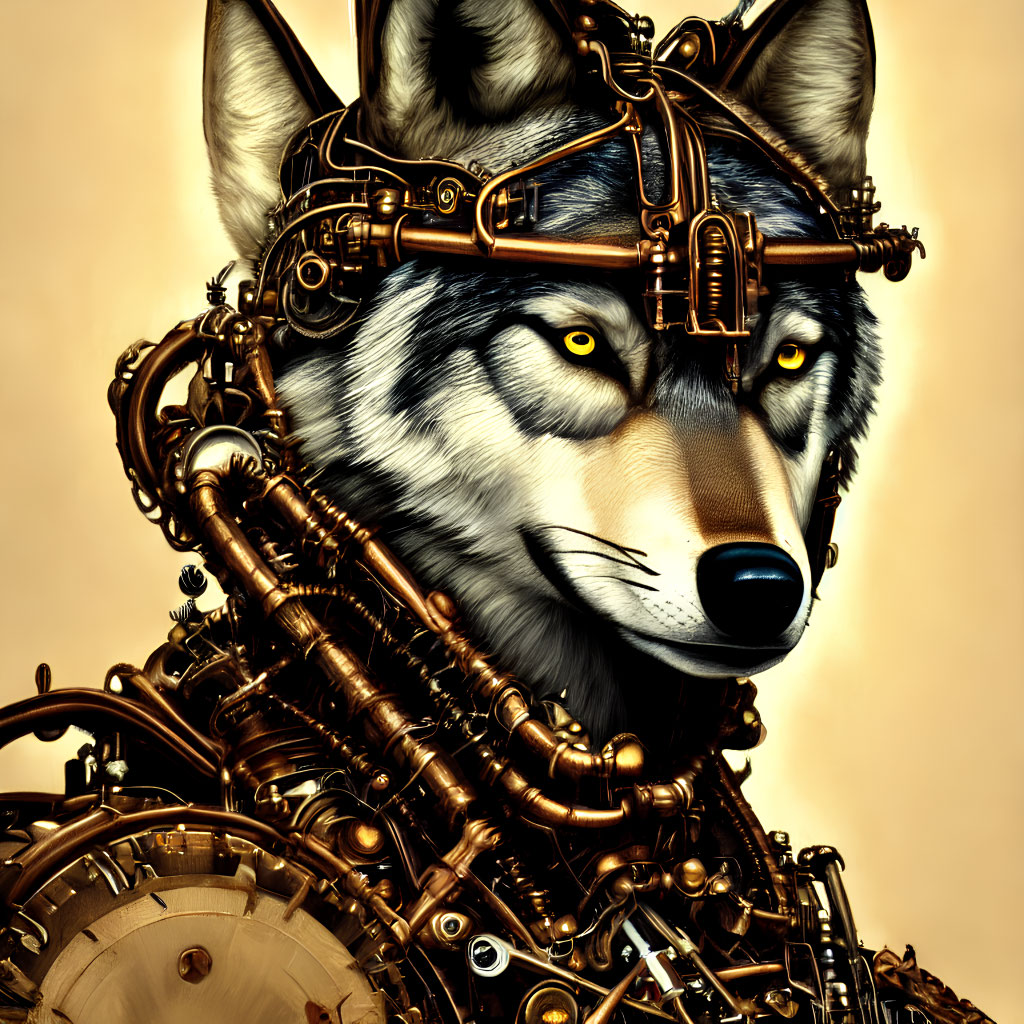 Steampunk mechanical wolf with brass gears and goggles