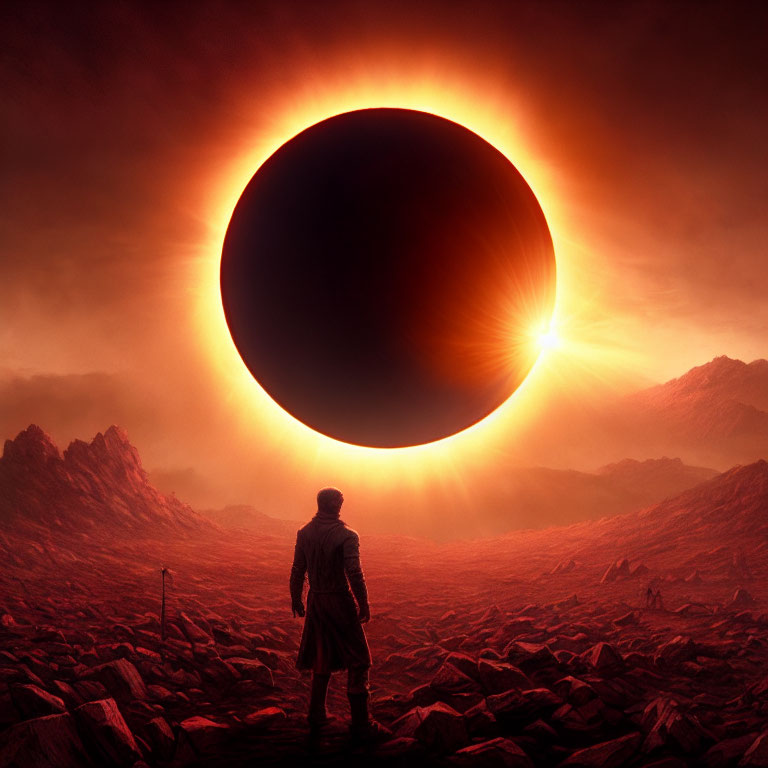 Person gazes at dramatic solar eclipse on rocky terrain