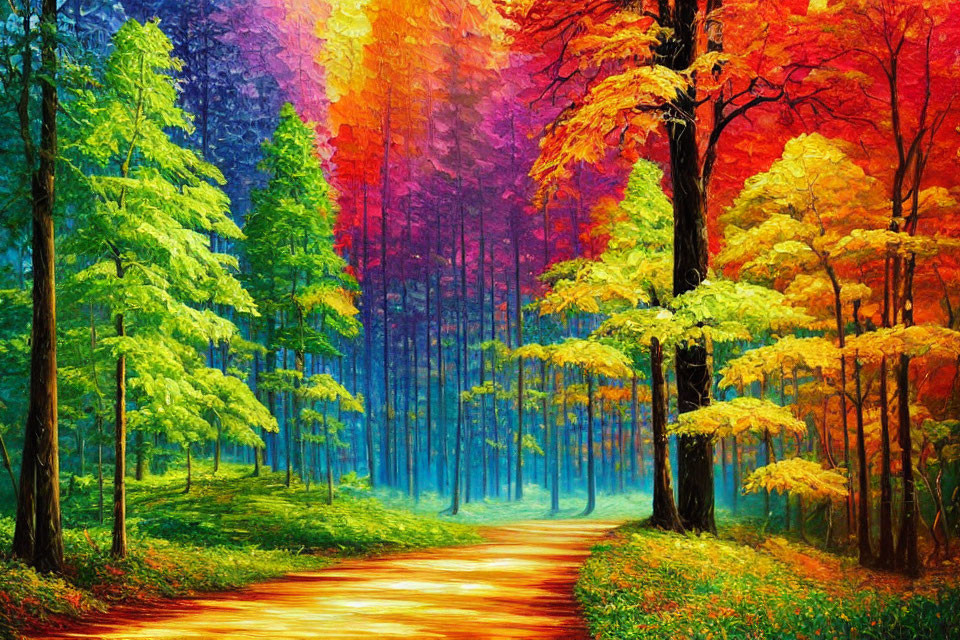 Colorful forest pathway with autumn trees under vibrant sky