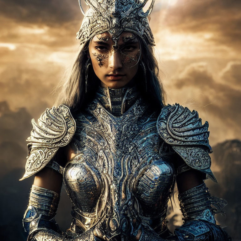 Ornate silver armor-clad warrior woman against dramatic sky