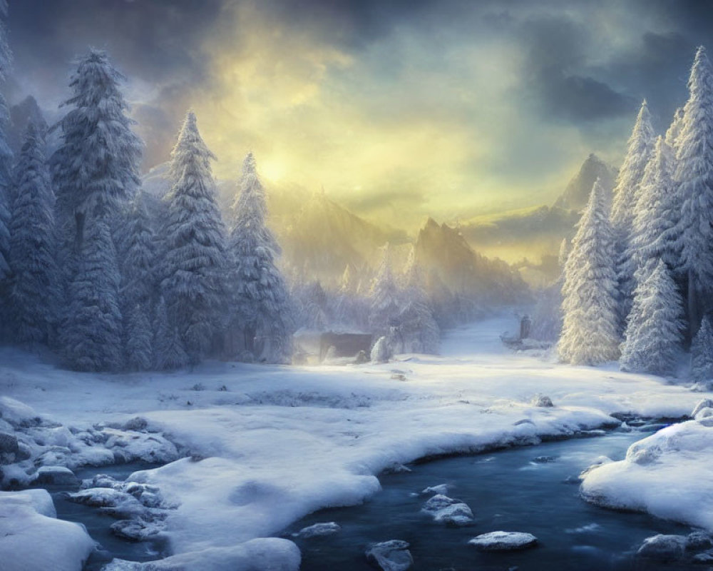 Snow-covered pine trees and creek in serene winter landscape at dusk