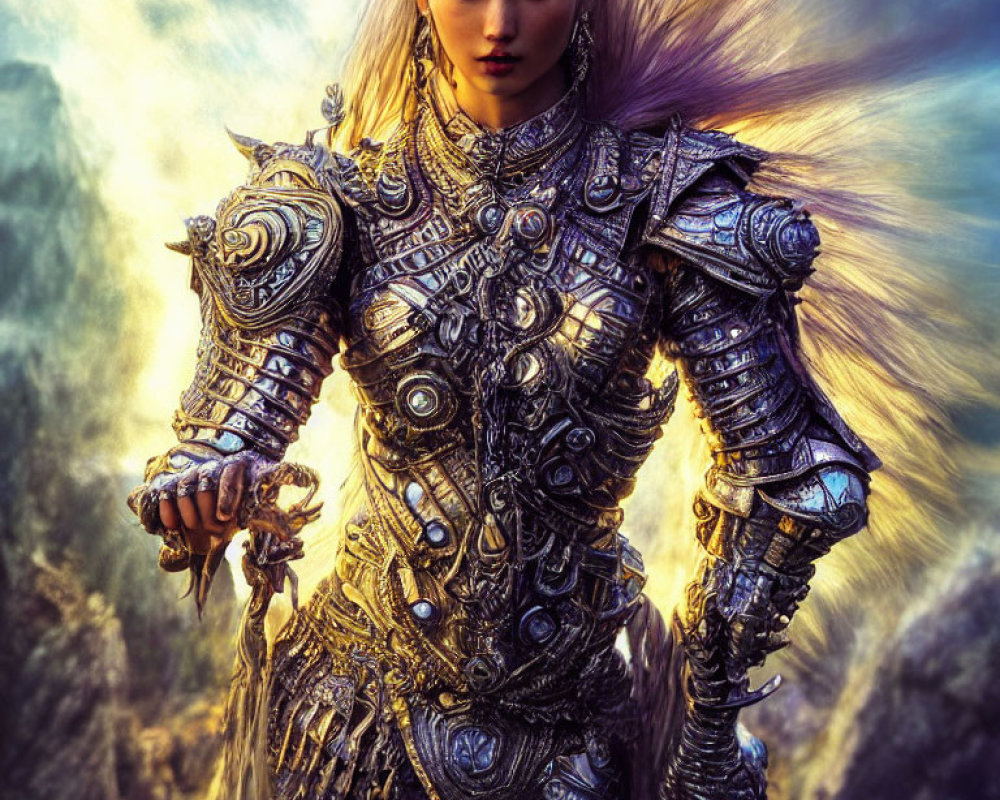 Female warrior in silver armor with fur accents against mountainous backdrop