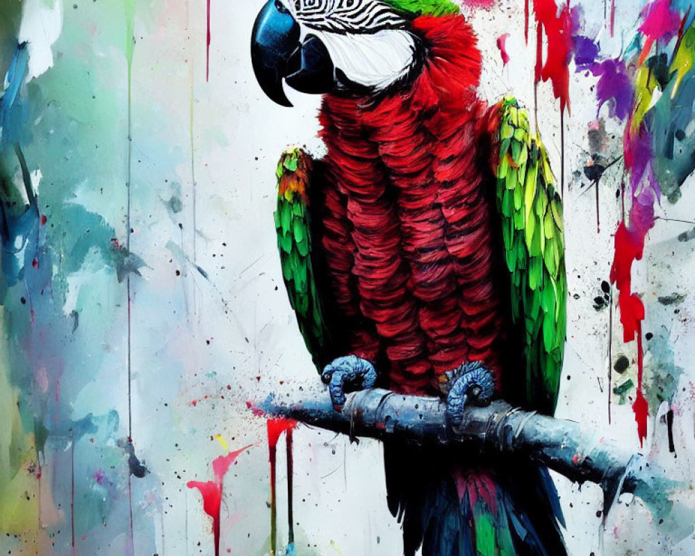 Colorful Macaw with Green Wings and Red Plumage on Paint Splatter Background