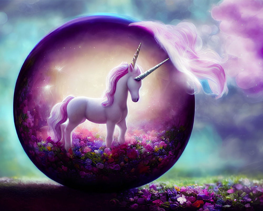 Majestic unicorn in translucent sphere among vibrant flowers