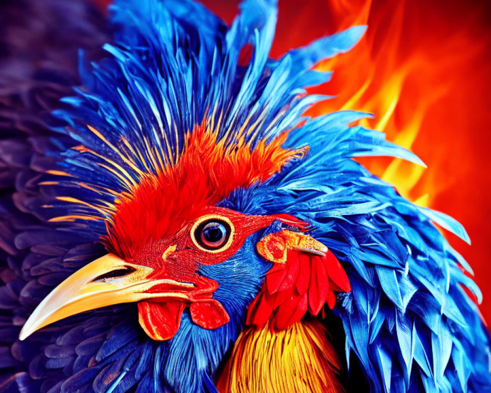 Colorful bird with sharp beak against fiery backdrop