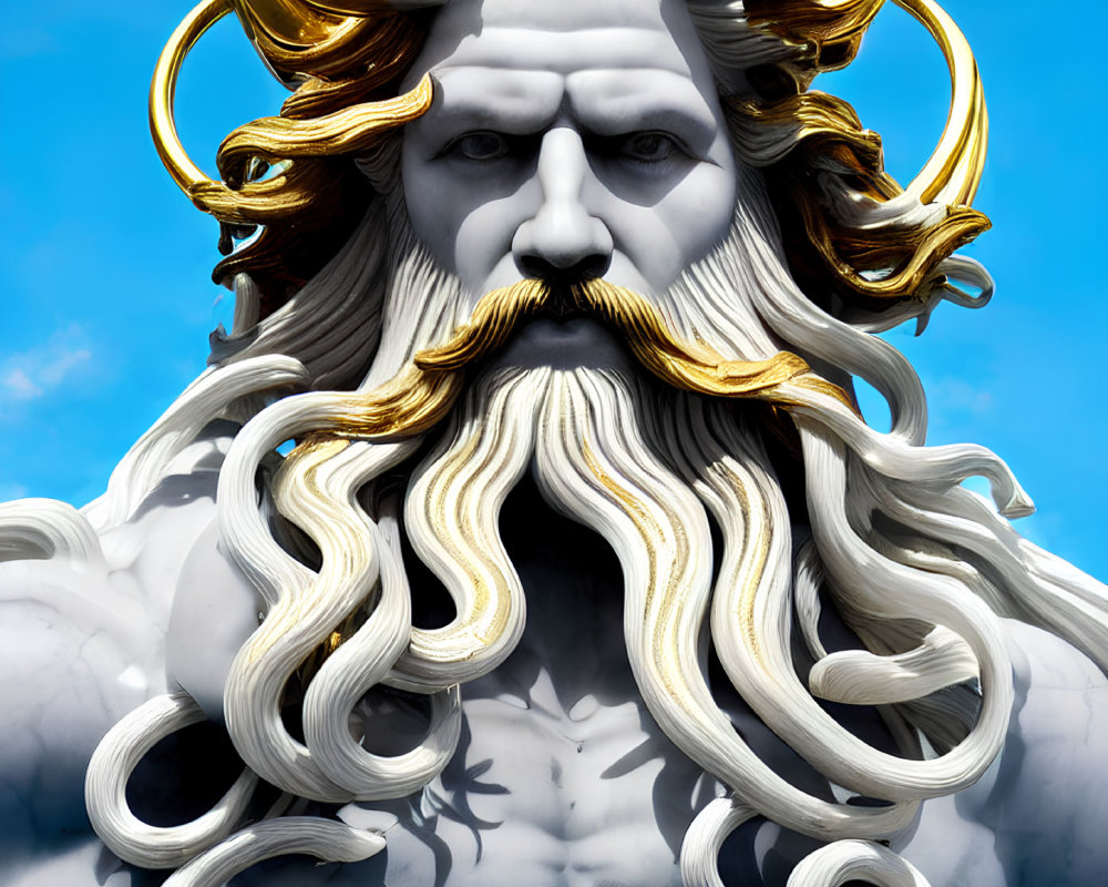 Mythological Greek god Poseidon in 3D with flowing beard and hair