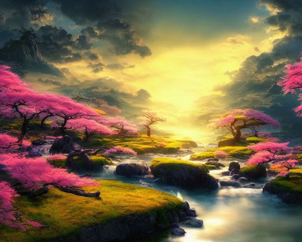 Tranquil landscape with cherry blossom trees, stream, rocks, and sunset