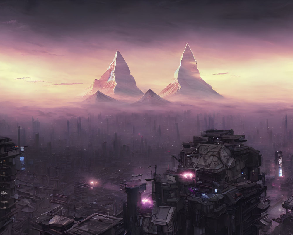 Futuristic cityscape at dusk with high-rises, neon lights, and mountains under a purple