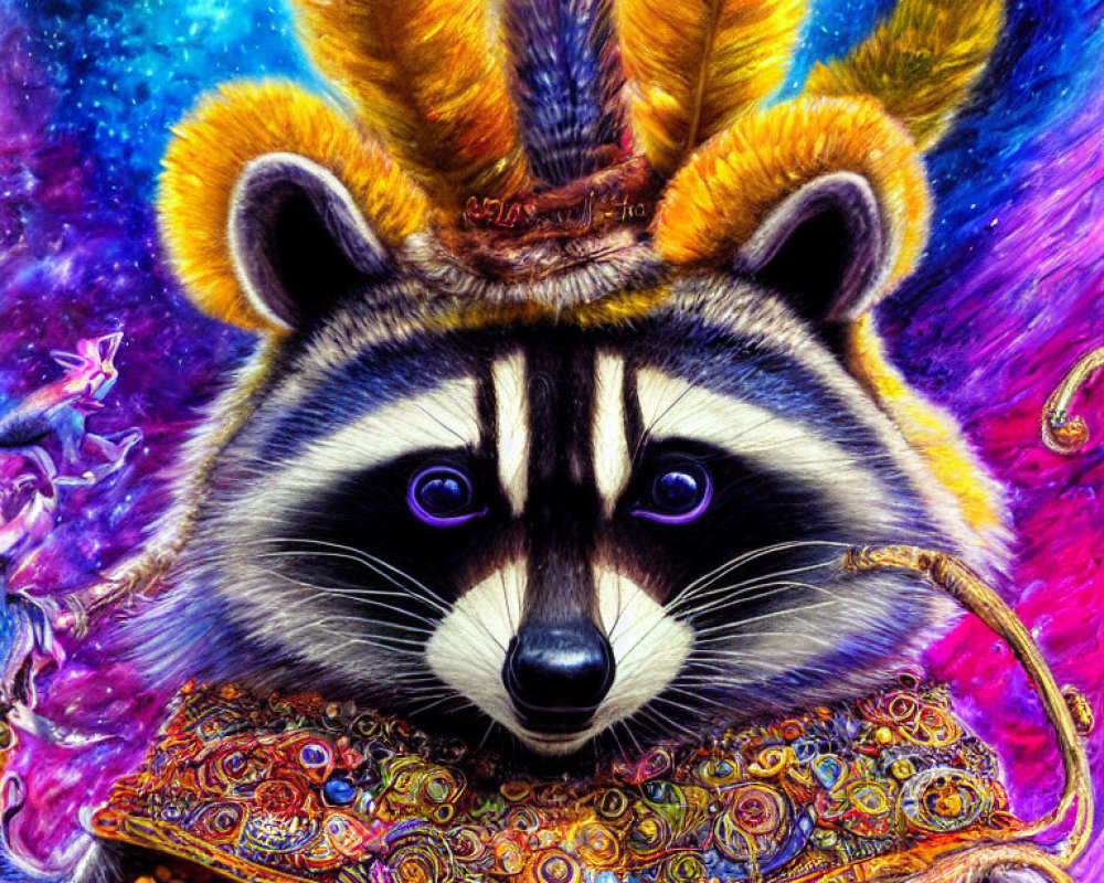 Colorful raccoon illustration with cosmic background and intricate patterns.